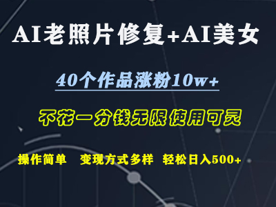 AI老照片修复+AI美女玩发  40个作品涨粉10w+  不花一分钱使用可灵  操作简单  变现方式多样话   轻松日去500+-网创财富岛