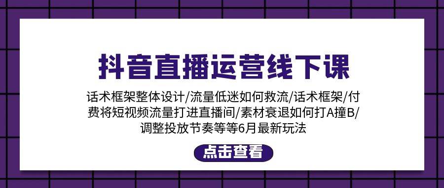 抖音直播运营线下课：话术框架/付费流量直播间/素材A撞B/等6月新玩法-网创财富岛