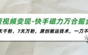 短视频变现-快手磁力万合掘金，3天千粉，7天万粉，原创搬运技术，一刀不剪-网创财富岛