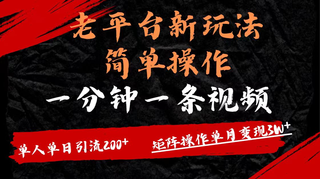 老平台，新玩法，简单操作，一分钟一条视频，单人单人引流200+矩阵操作，单月变现3W-网创财富岛