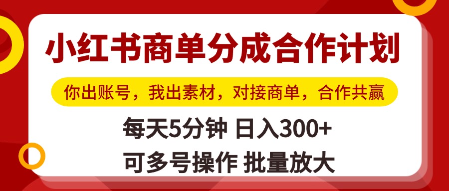 小红书商单分成合作计划，你出账号，我出素材，对接商单，合作共赢，单号日入300+，可批量放大-网创财富岛