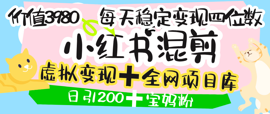 价值3980的小红书混剪， 虚拟变现 ＋全网项目库 ， 日引200+宝妈创业粉，每天稳定四位数变现-网创财富岛