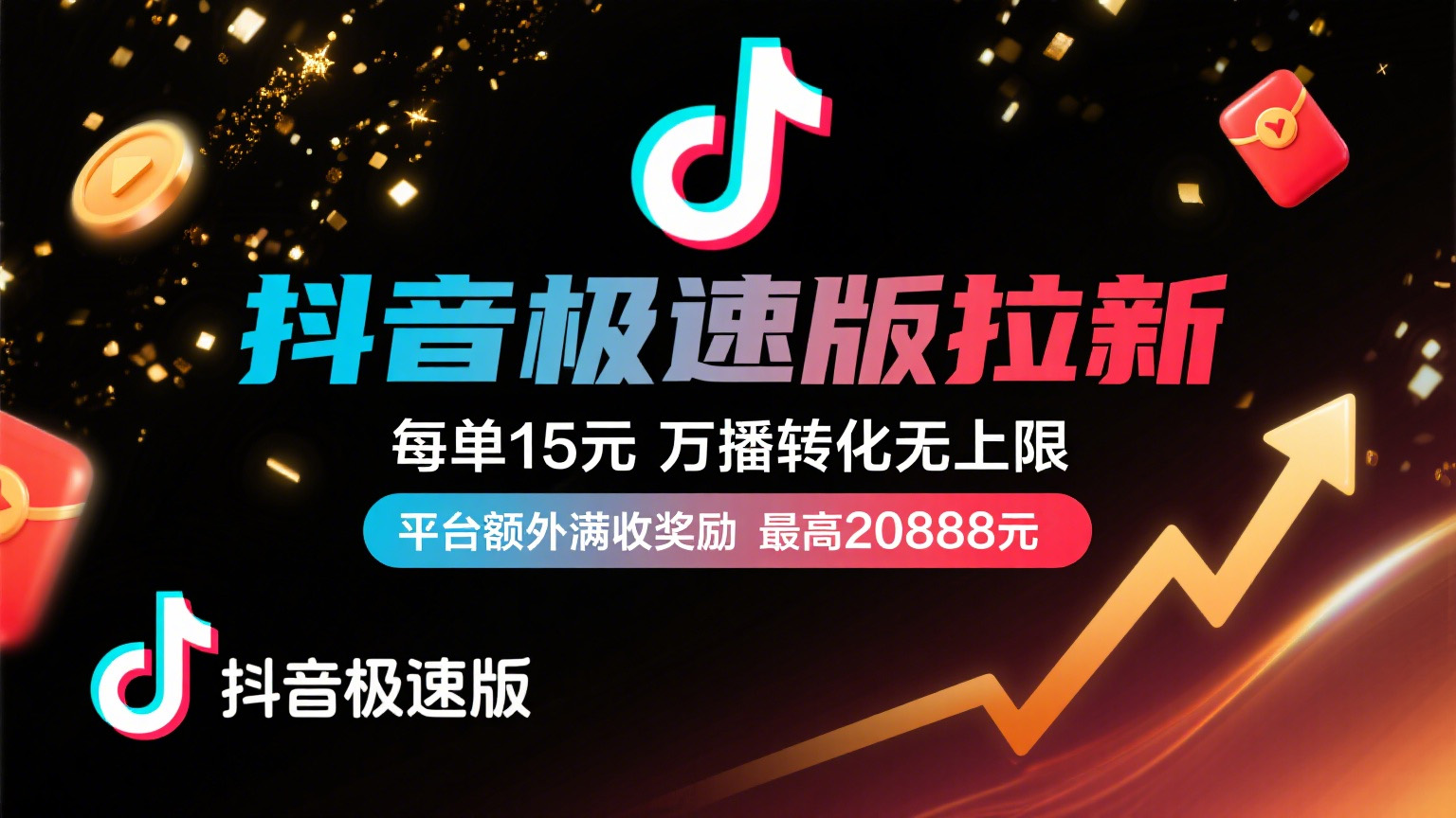 抖音极速版放福利，每单15元，万播转化无上限，平台额外满收奖励，最高可领20888元-网创财富岛