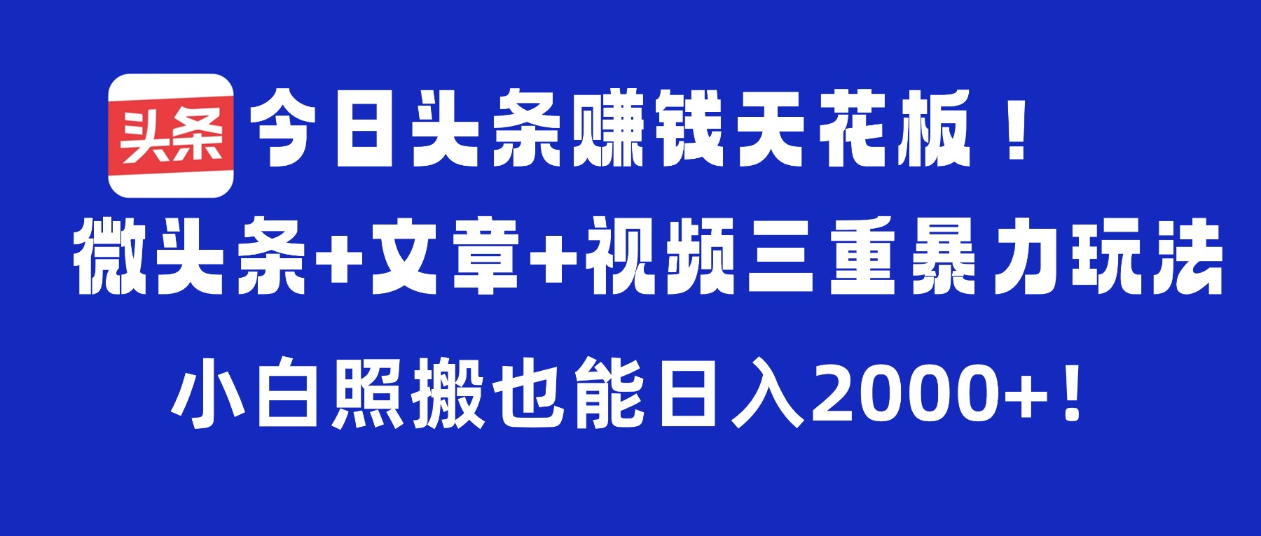 今日头条赚钱天花板!微头条+文章+视频三重暴力玩法,小白照搬也能日入2000+-网创财富岛
