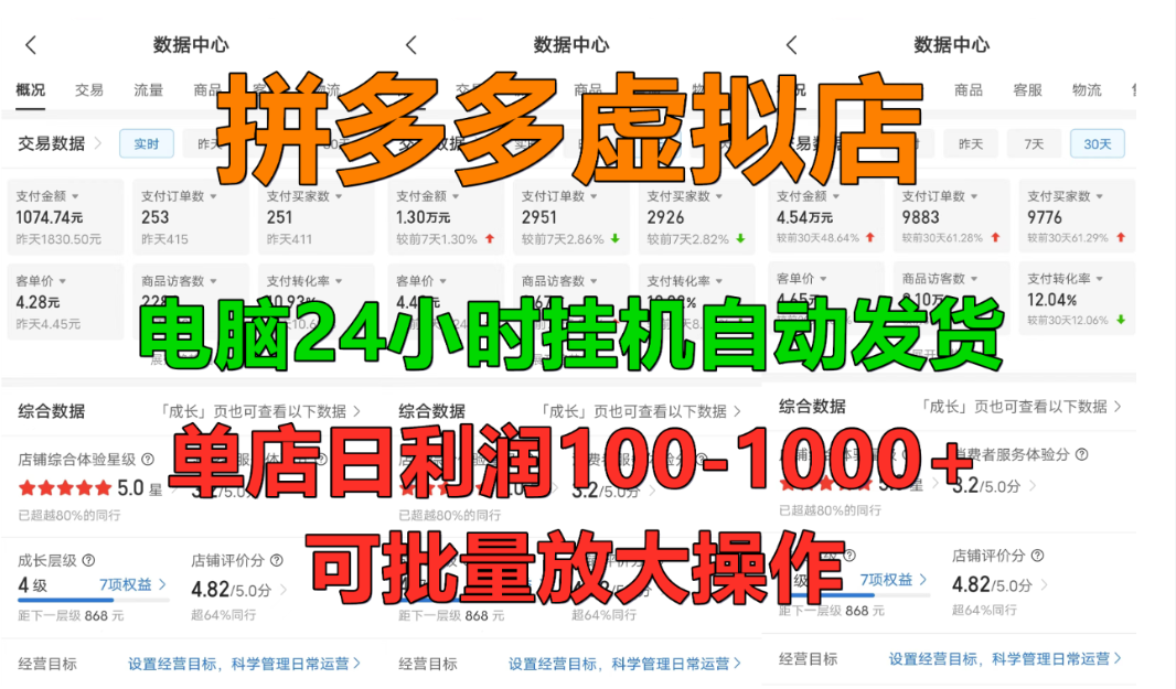 拼多多虚拟店,挂机全自动发货,单店日利润100-1000+,长久稳定新手首选项目,可批量放大操作-网创财富岛